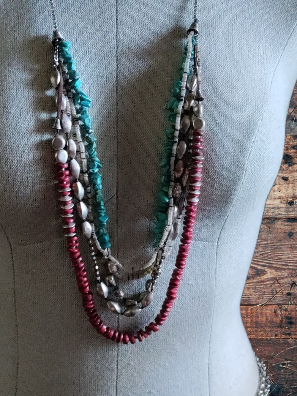 Multi-Strand Turquoise & Red Beaded Necklace -
